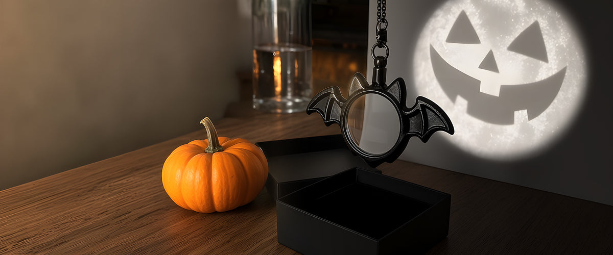 Bat-shaped Caustic Lens pendant projecting a jack-o'-lantern face onto a wall beside a pumpkin